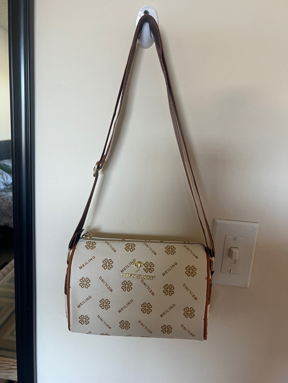 Cream Crossbody Bag with Brown Trim